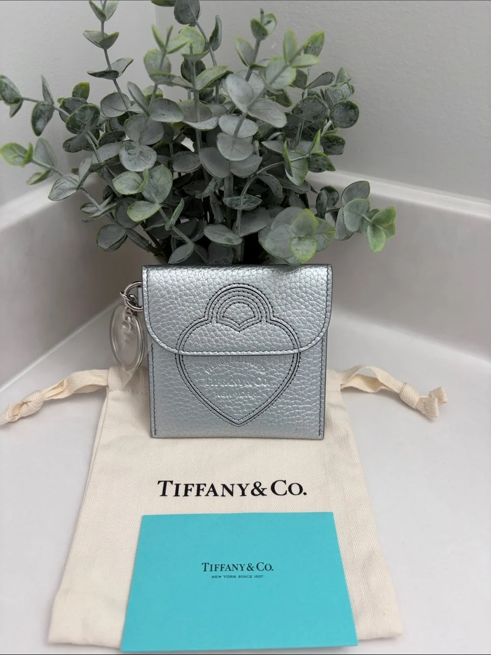 Tiffany & Co. Silver Metallic Pebbled Leather Heart Card Pouch with Keyring